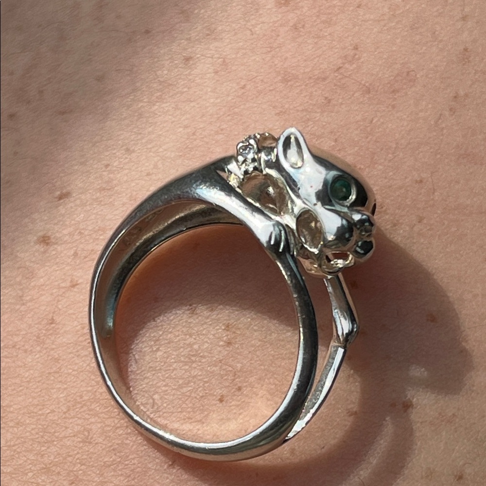 Sterling Panther wrap ring w/ Genuine Emerald eyes & Diamond collar - Picture 6 of 17